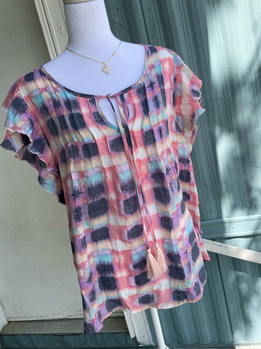 Boho Tie-Front Ruffle Sleeve Blouse in Pink Multi